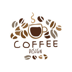 Coffee label design, hand drawn vector Illustration in brown colors, logo template