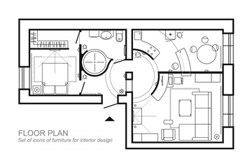 Architectural plan of a house. Layout of the apartment top view with the furniture in the drawing view. With bathroom living room and bedroom. The interior design project. Vector.