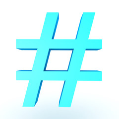 3D illustration of shiny blue hashtag or pound sign
