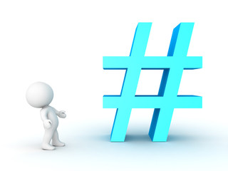 Obraz premium 3D Character looking up at pound or hashtag sign