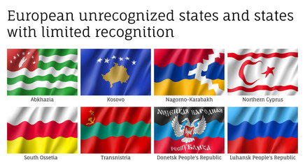 European unrecognized and with unlimited recognition states waving realistic flags, Abkhazia, Kosovo, Nogorno Karabakh, Northern Cyprus, South Ossetia, Transnistria, Donetsk, Luhansk people's republic