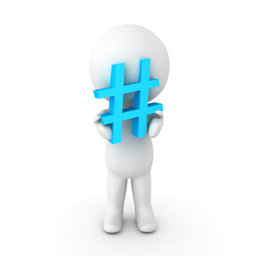 3D Character holding a blue pound or hashtag sign