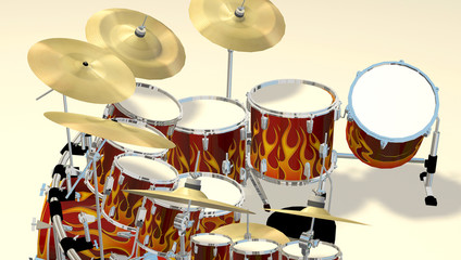 close up view from left side of 3d red flame drum