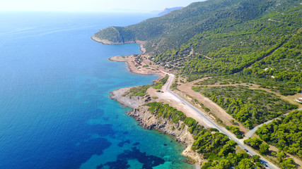 Obraz premium Aerial drone photo of Hamolia area with turquoise colored clear water rocky beaches, Porto Rafti, Mesogeia, Attica, Greece