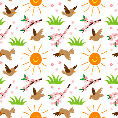 Nature summer sun and bird illustration seamless pattern background floral vector