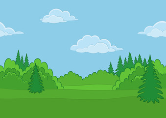Horizontal Seamless Background Landscape, Summer Forest with Green Grass, Blue Sky and Clouds. Vector
