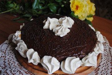 Chocolate cake with chocolate bar ingredients set decoration