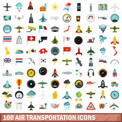 100 air transportation icons set, flat style