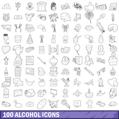 100 alcohol icons set, outline style