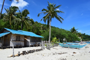 Boat and fisherman's house in the sea.selective focus.