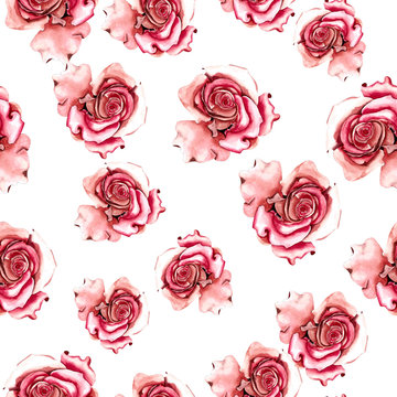 Red Roses Painted In Watercolor Flowers Pattern  