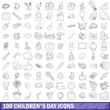 100 children day icons set, outline style