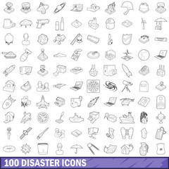100 disaster icons set, outline style