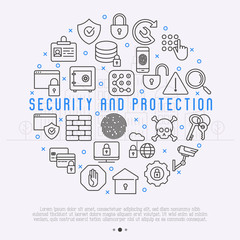 Security and protection concept with thin line icons in circle: data, surveillance camera, finger print, electronic key, password, alarm, safe for banner, web page. Vector illustration.