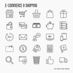 E-commerce, shopping thin line icons set contains such element as shopping cart, payment method, delivery, sale. Vector illustration.