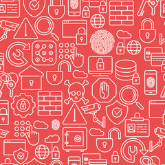Seamless pattern with thin line icons related to security and protection of information and data for banner, web page. Vector illustration.