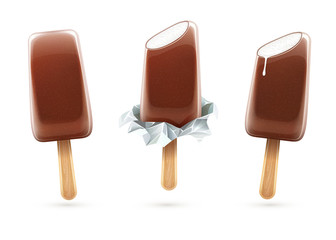Ice-cream chocolate vanilla ice on wands set isolated white