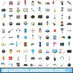 100 electrical engineering icons set, cartoon