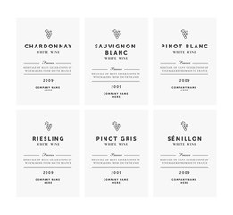 White wine labels. Vector premium template set. Clean and modern design. Shardonnay, Pinot Blanc, Riesling, Sauvignon, Semillion.