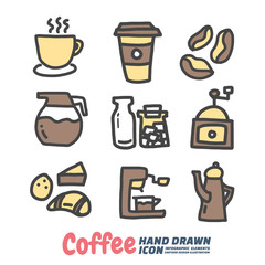 Coffee Hand Drawn cartoon vector symbols and icon set, Design Elements. Vector Illustration.