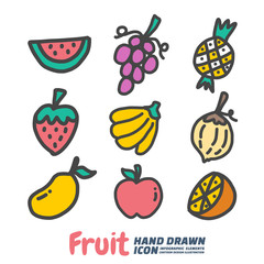 Fruit Hand Drawn cartoon vector symbols and icon set, Design Elements. Vector Illustration.