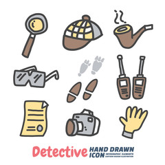 Detective Hand Drawn cartoon vector symbols and icon set, Design Elements. Vector Illustration.
