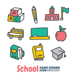 School and Education Hand Drawn cartoon vector symbols and icon set, Design Elements. Vector Illustration.