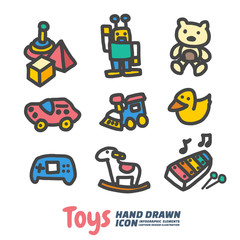 Toys Hand Drawn cartoon vector symbols and icon set, Design Elements. Vector Illustration.