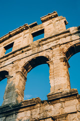 Architecture details of the Roman amphitheatre in Pula