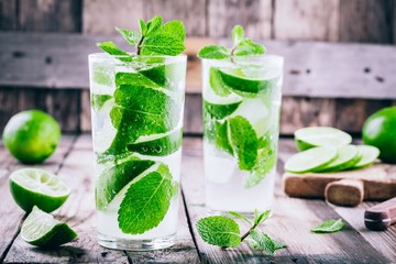 fresh mojito cocktails with lime, mint and ice in glass