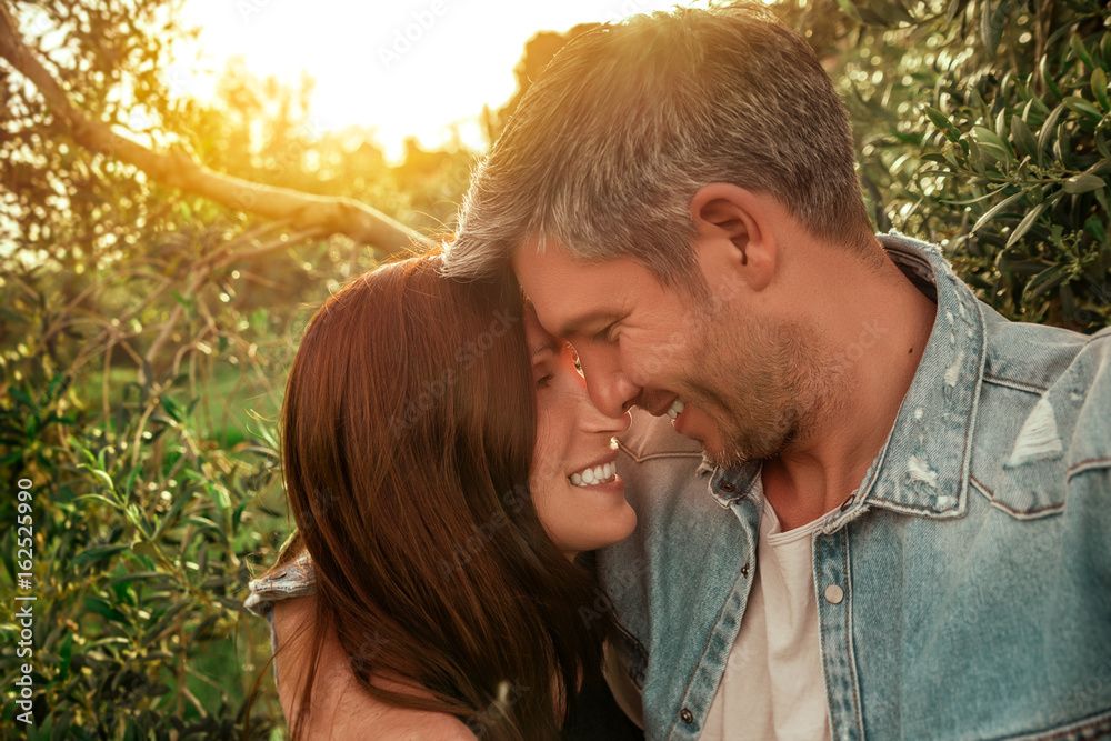 Wall mural couple with sunset in olive trees