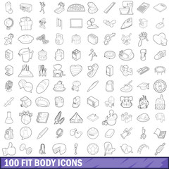 100 fit body icons set, outline style