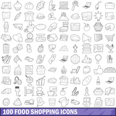 100 food shopping icons set, outline style