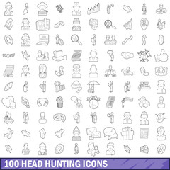 100 head hunting icons set, outline style