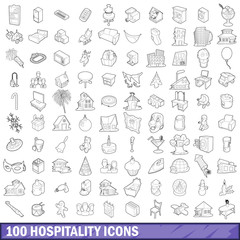 100 hospitality icons set, outline style