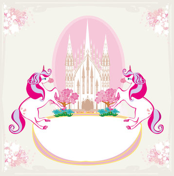 Fairytale frame with magic castle and unicorns