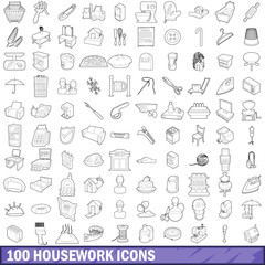 100 housework icons set, outline style
