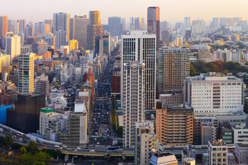 Fototapeta premium Pejzaż Tokio, wieżowiec lotniczy miasta widok na budynek biurowy i centrum tokio z tłem zachodu słońca / wschodu słońca. Japonia, Azja, Tokio to metropolia i centrum nowoczesnych biznesów nowego świata