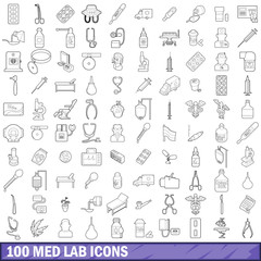 100 med lab icons set, outline style