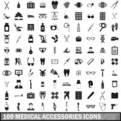 100 medical accessories icons set, simple style 