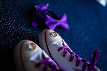 wedding couple in sport footwear. black and white picture