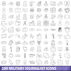 100 military journalist icons set, outline style