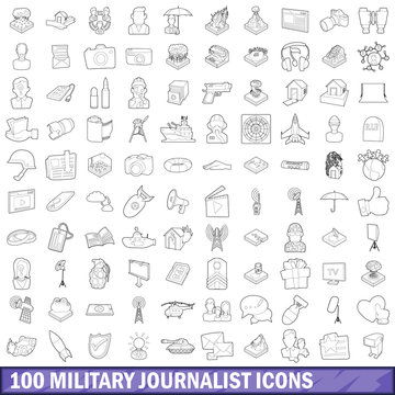 100 military journalist icons set, outline style