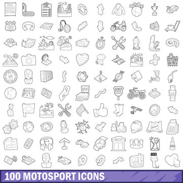 100 motosport icons set, outline style