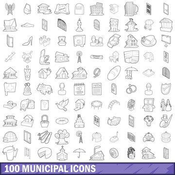 100 municipal icons set, outline style