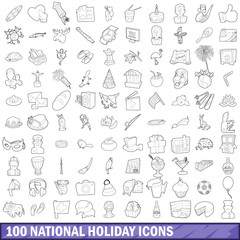 100 national holiday icons set, outline style