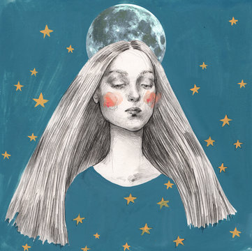 Woman surrounded with stars with Moon behind head