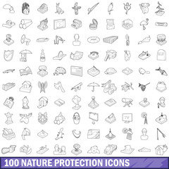 100 nature protection icons set, outline style