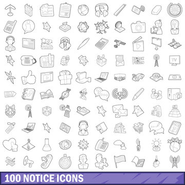 100 notice icons set, outline style