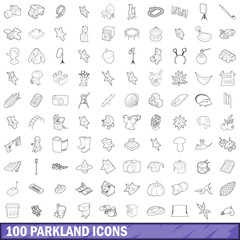 100 parkland icons set, outline style